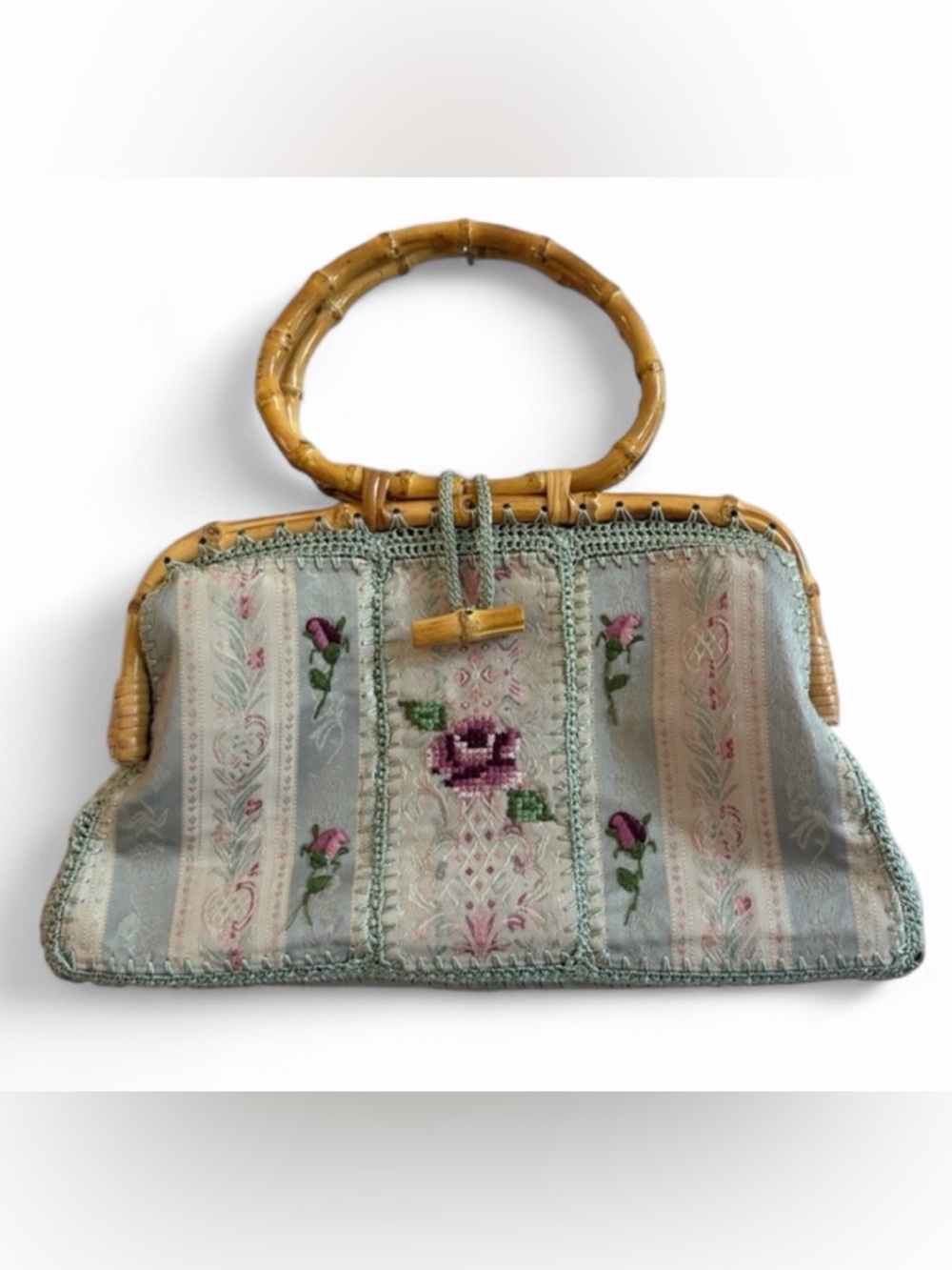 2004 Y2K Cappelli Straworld Boho Embroidered Floral Handbag Round Bamboo Handle